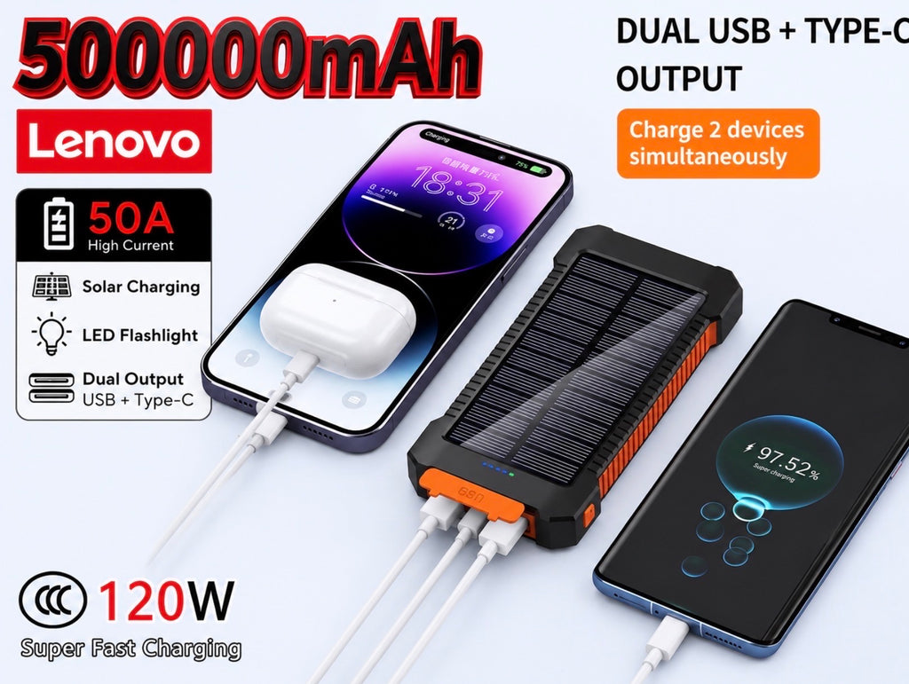 Lenovo 500000mah Solar Power Bank 500000mAh with LED Flashlight & Compass