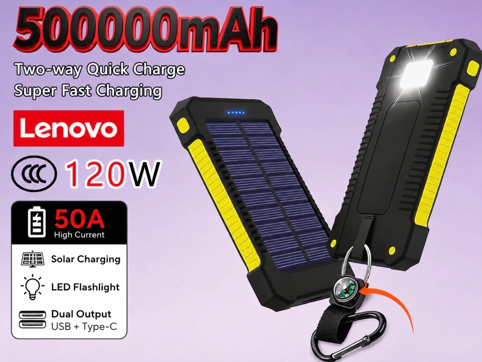 Lenovo 500000mah Solar Power Bank 500000mAh with LED Flashlight & Compass